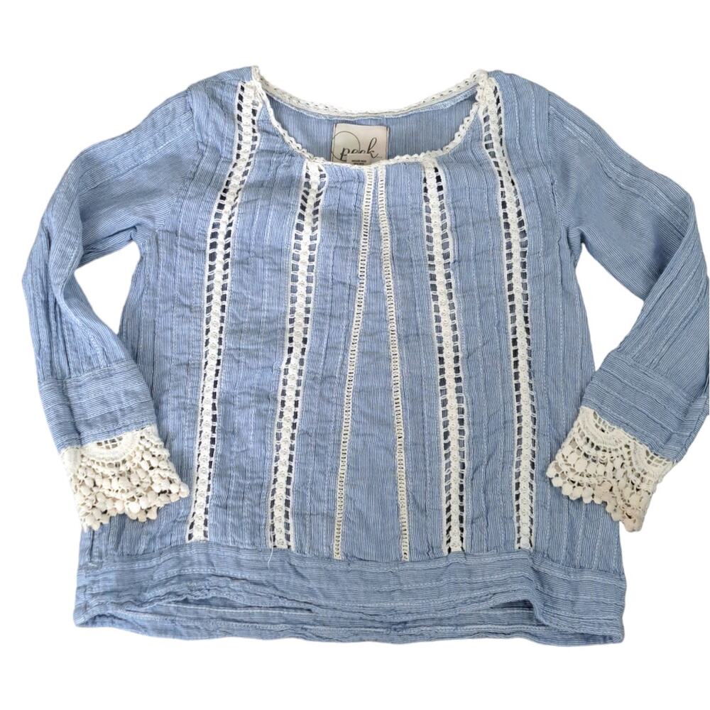 Peek Top Girls Small 4 6 Blue White Stripe Crochet Lace Long Sleeve